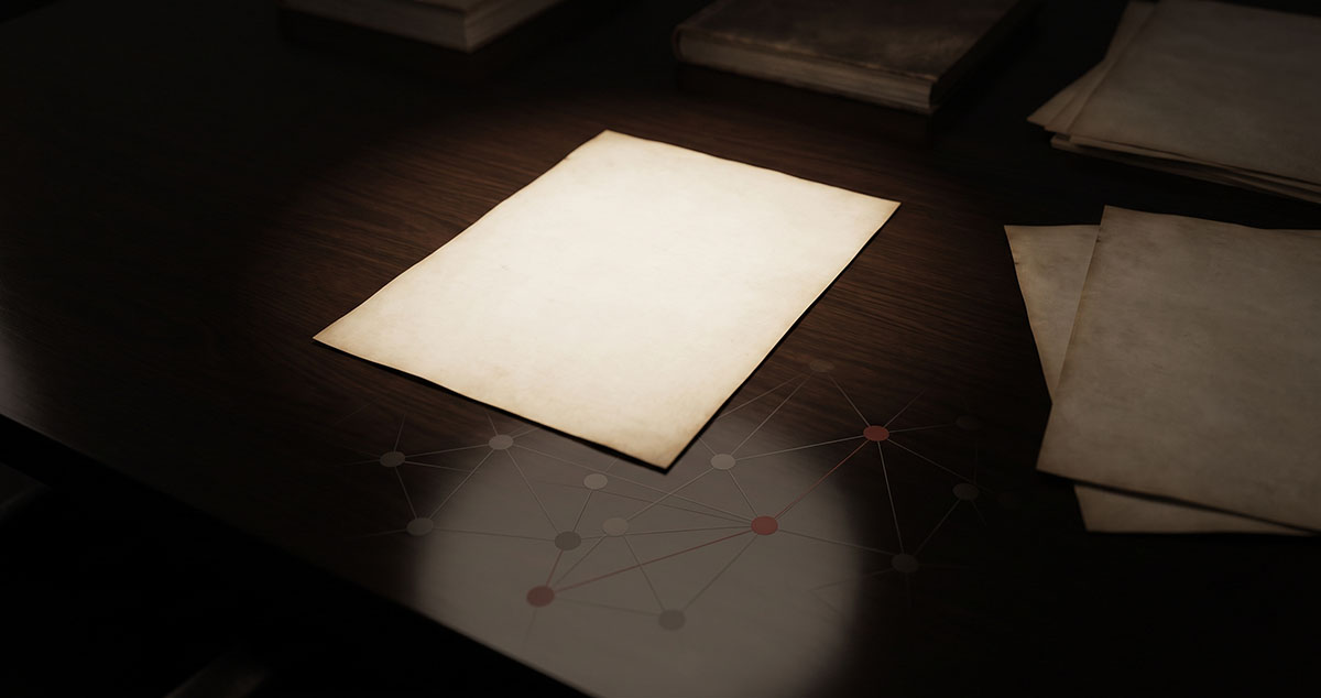 A single illuminated document on a dark reflective surface, surrounded by unresolved documents and a faint abstract network graph.