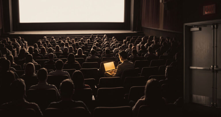 A worker faces a glowing screen while a dim exit sign symbolizes algorithmic link suppression.