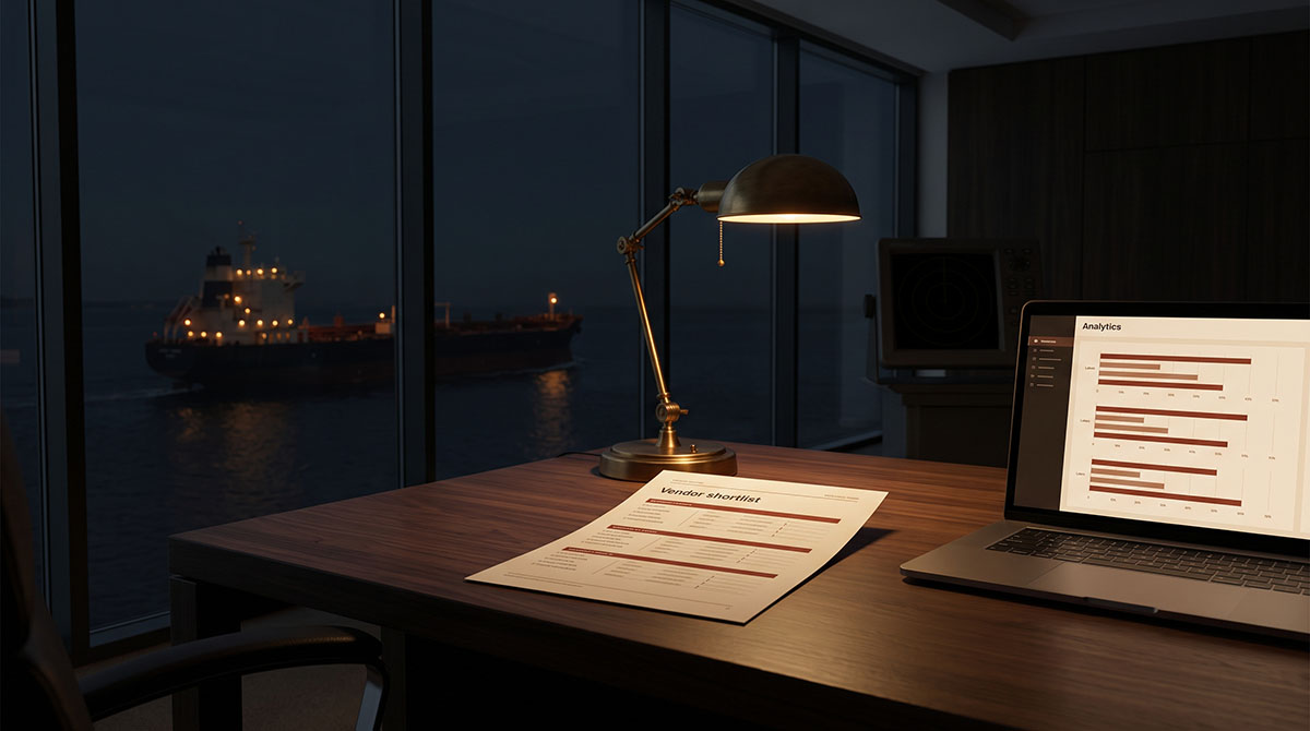 AI vendor shortlist beside a silent analytics dashboard as an untracked cargo ship moves through dark water