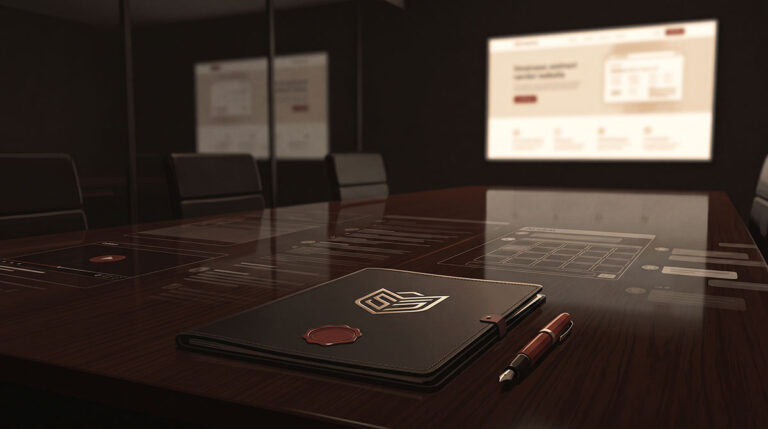 Abstract corporate noir image showing a vendor website as the final confirmation point after hidden buyer research has already shaped the decision.