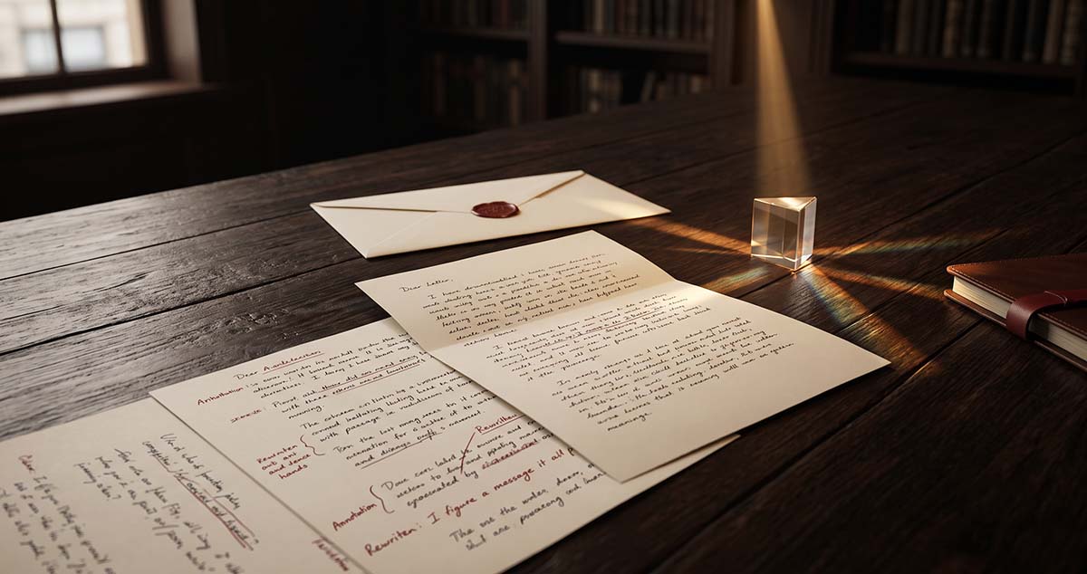 An opened brand letter is rewritten by several hands, showing how audiences reshape advertising meaning.