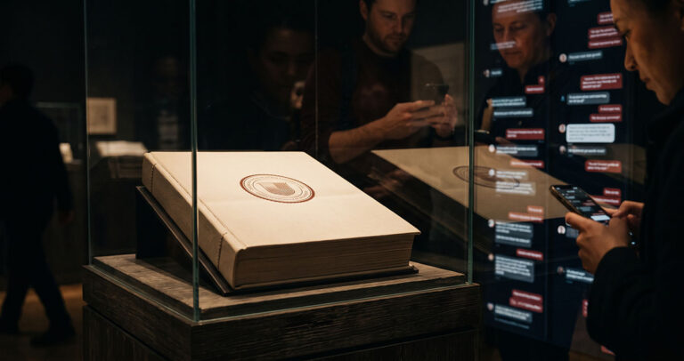 Brand manual behind museum glass as public reflections rewrite its meaning
