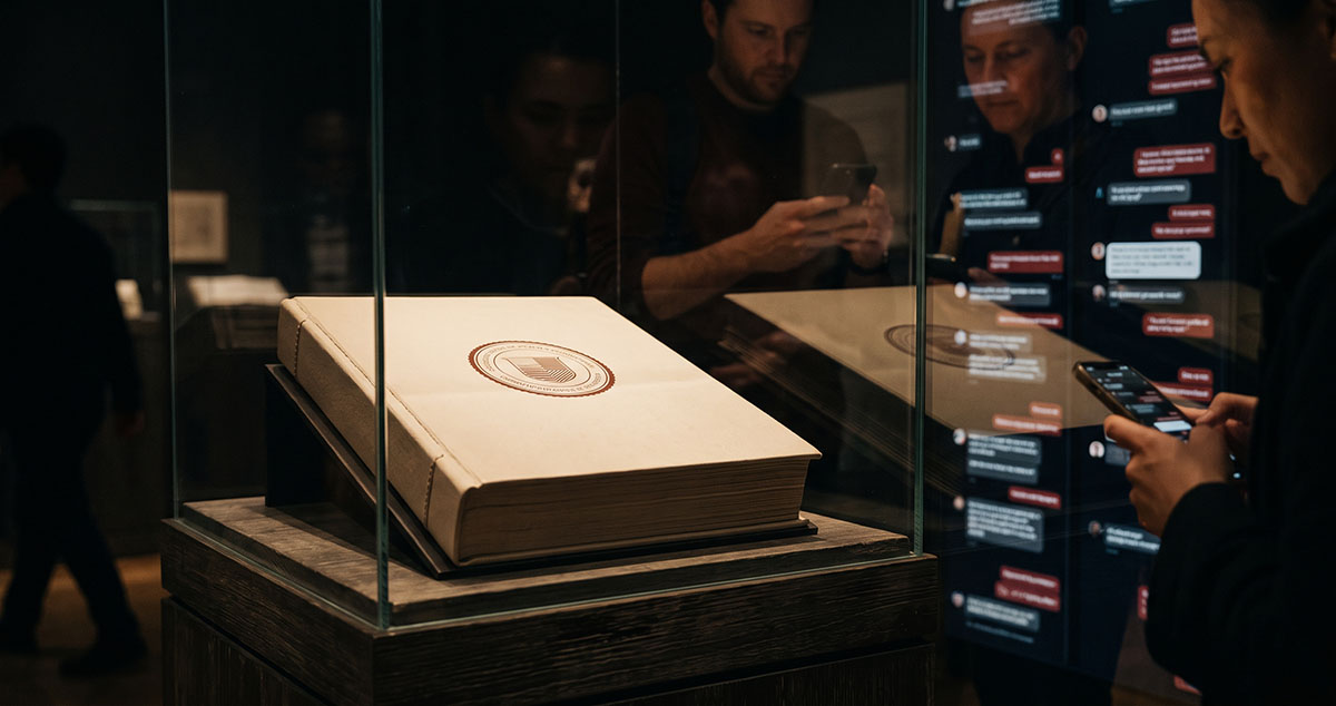 Brand manual behind museum glass as public reflections rewrite its meaning