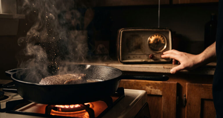 Cast iron skillet hissing in darkness as audio makes the listener construct the missing image