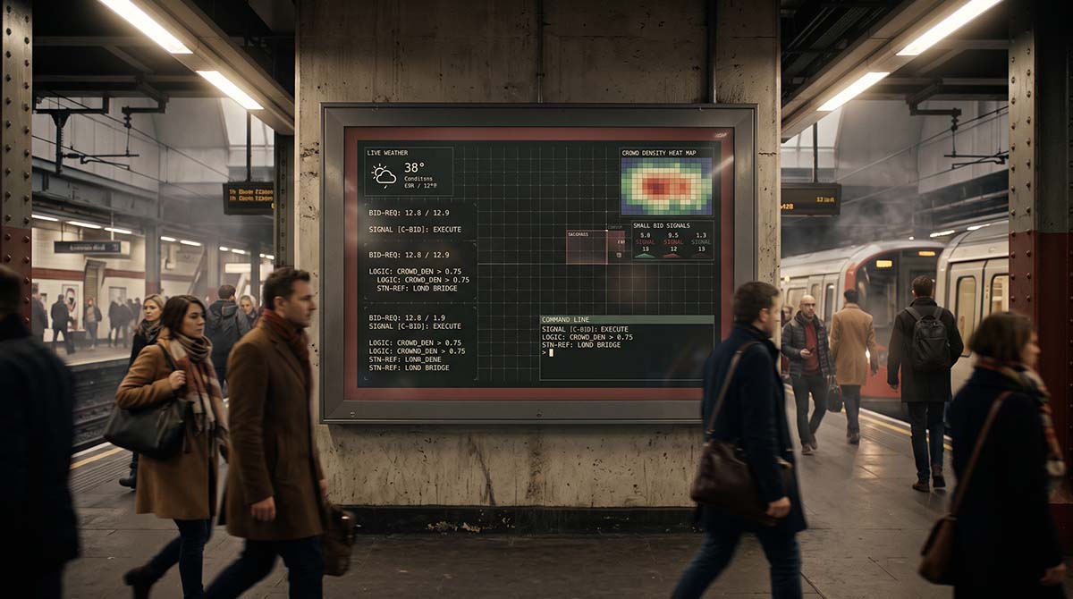 Digital billboard as stock exchange terminal in a transit station