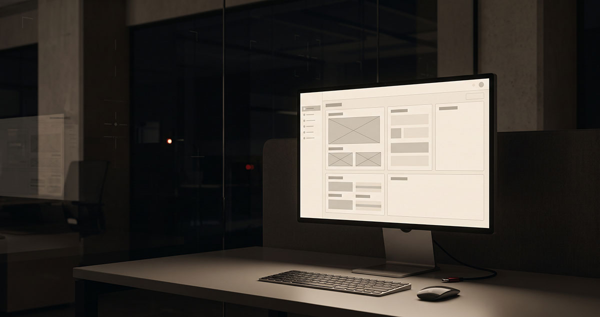 Empty enterprise dashboard reflected in dark glass, suggesting a platform watching the user instead of asking what they need.