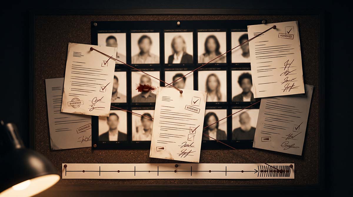 Forensic evidence board showing campaign approvals, red smear imagery, and the Kraft Heinz review failure.