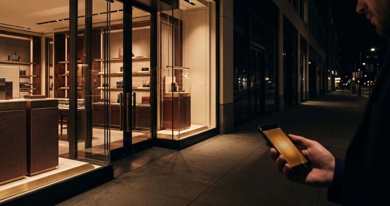 Perfect retail storefront sits empty after an AI shopping agent completes the purchase remotely