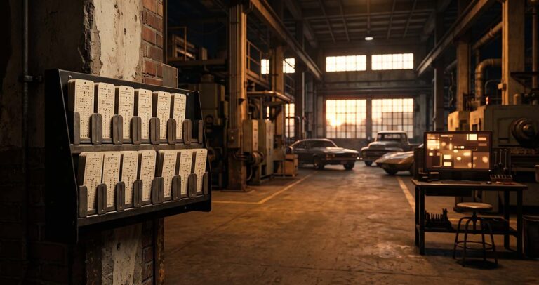 Perfect time cards overlook a silent factory, symbolizing ad fraud caused by metrics that reward delivery without results.