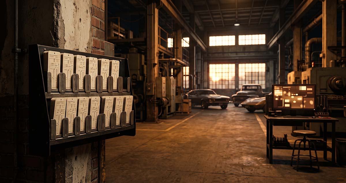 Perfect time cards overlook a silent factory, symbolizing ad fraud caused by metrics that reward delivery without results.