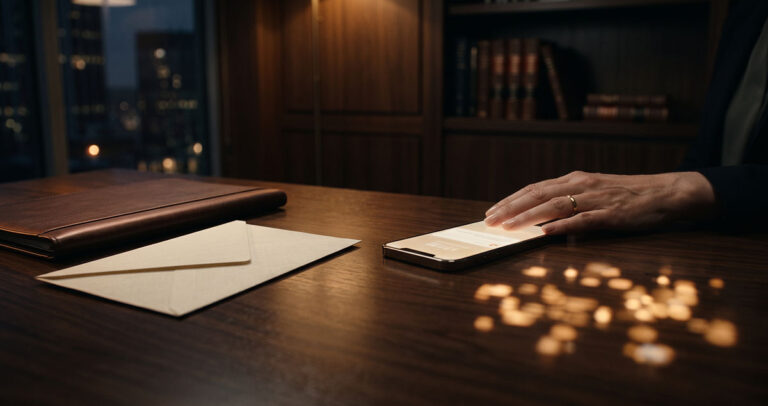 Phone shows viral attention beside a private client cancellation in a warm executive office