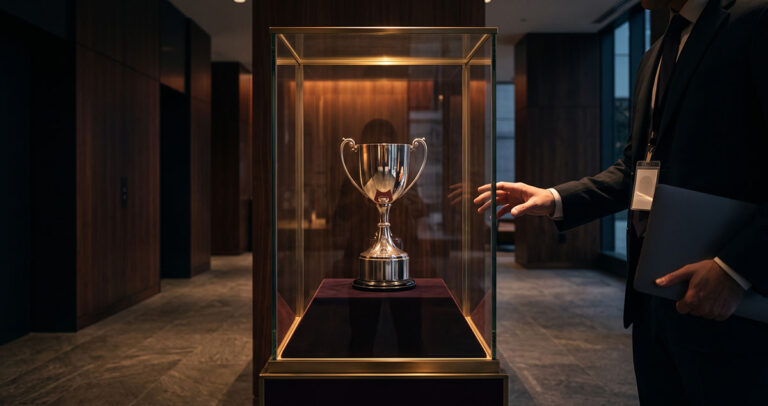Polished trophy locked behind glass represents the competence trap that keeps top performers from promotion