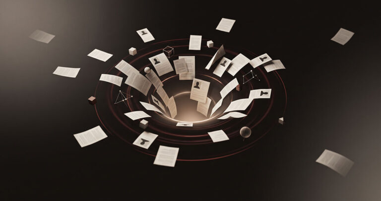 Scattered professional identity fragments are pulled toward a central gravity well, representing how AI systems cluster public signals into one readable identity.