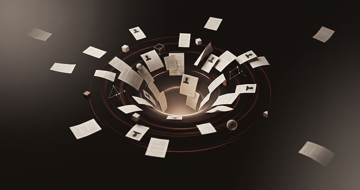 Scattered professional identity fragments are pulled toward a central gravity well, representing how AI systems cluster public signals into one readable identity.