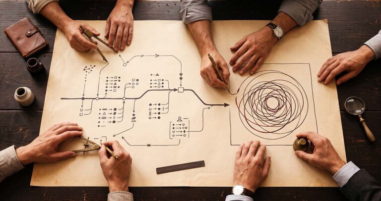 Several hands draw procurement routes on a strategy map, but the routes loop back into themselves instead of reaching an exit