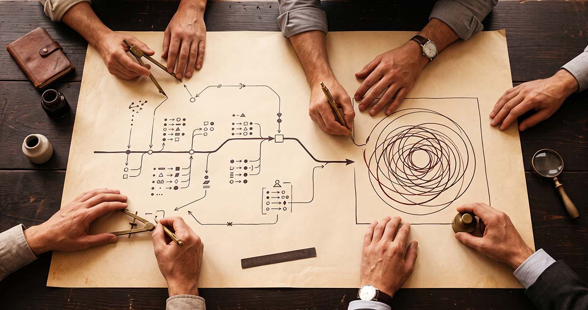 Several hands draw procurement routes on a strategy map, but the routes loop back into themselves instead of reaching an exit