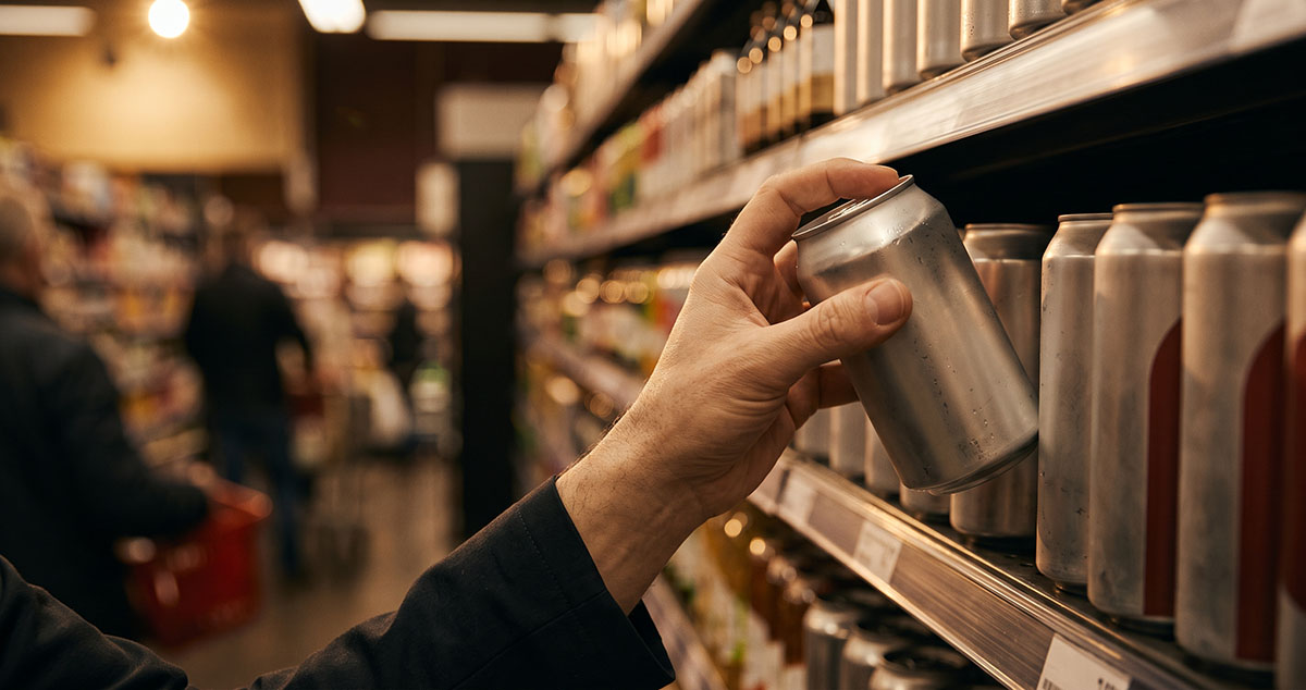 Shopper reaches for a familiar can as recognition beats differentiation on a crowded supermarket shelf