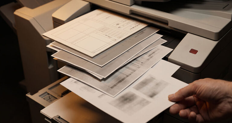 Successive photocopies lose detail as degraded AI-generated content is fed back into the machine.