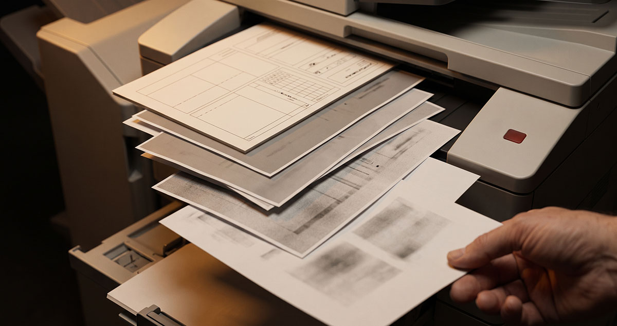 Successive photocopies lose detail as degraded AI-generated content is fed back into the machine.