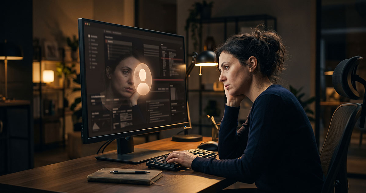 Tired professional reflected in a software avatar mask, showing enterprise software loyalty becoming identity