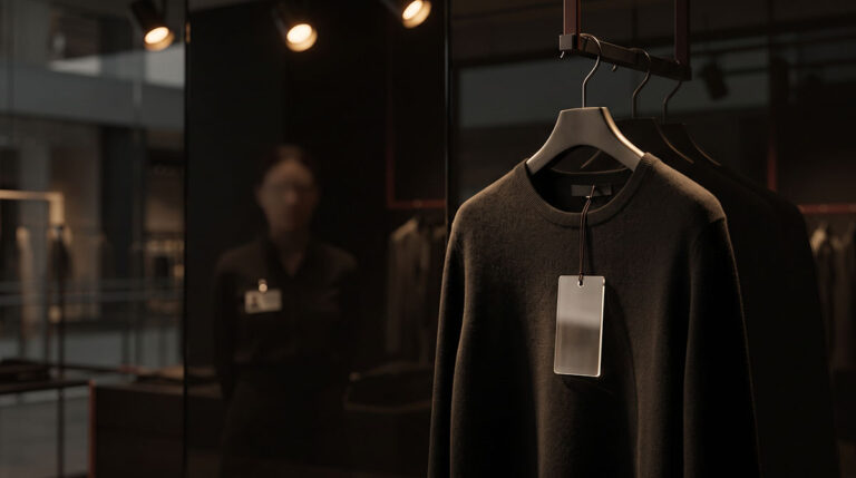 Transparent pricing tag reflecting a worker badge, visualizing the brand promise gap between claims and operations.