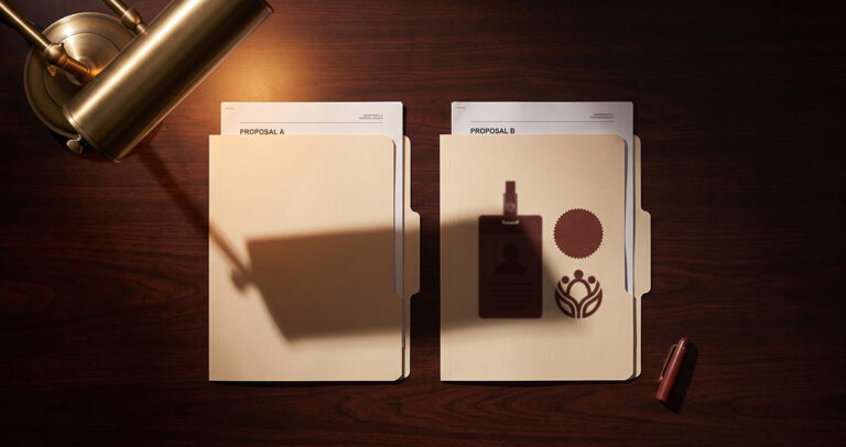 Two identical procurement proposals on a dark desk, one casting a shadow that resolves into a professional badge and credential seal