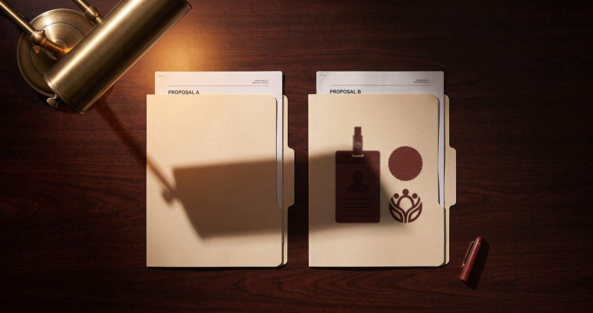 Two identical procurement proposals on a dark desk, one casting a shadow that resolves into a professional badge and credential seal