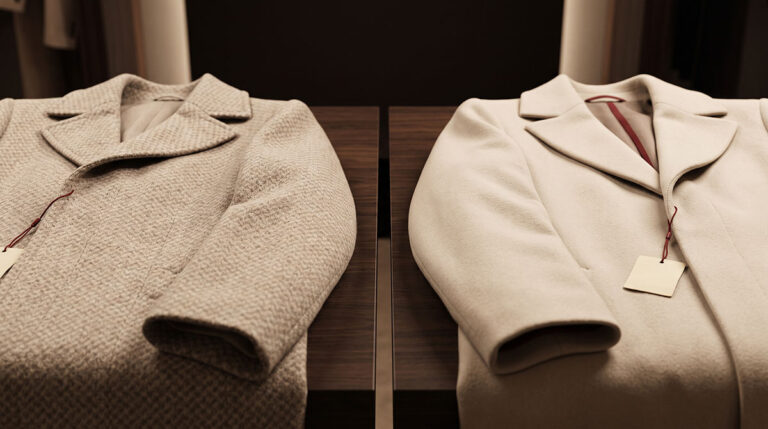 Two unbranded cashmere coats under warm light showing quiet luxury logo erasure as a pricing signal