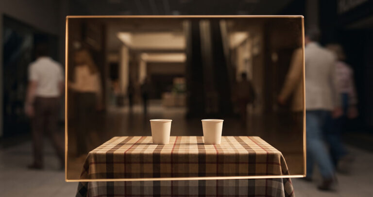Two unmarked cups seen through amber glass, suggesting the Pepsi Paradox and brand equity as a filter
