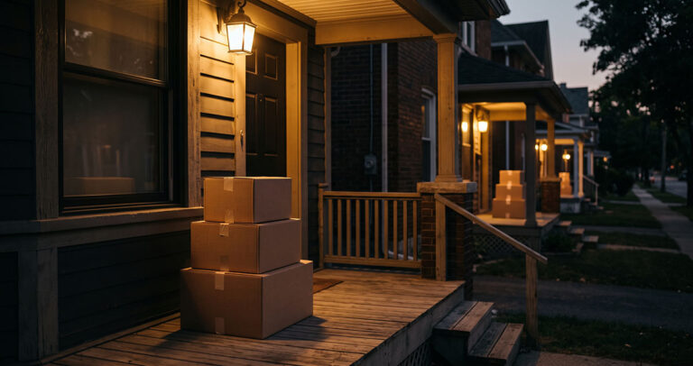 Unopened packages on empty porches represent B2B marketing metrics that prove delivery but not human attention.