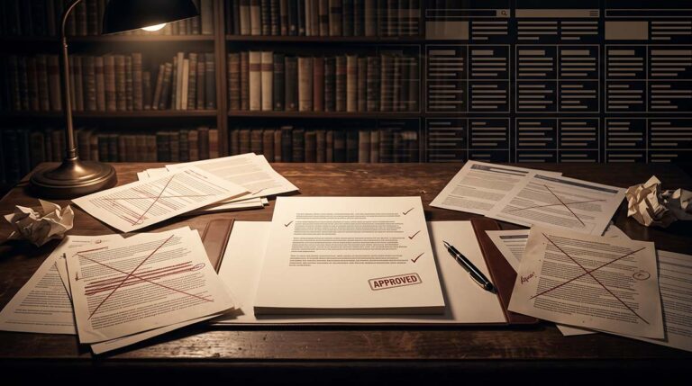 A vast analog library has transformed into an editor’s desk where most documents have been crossed out and only one finished summary remains.