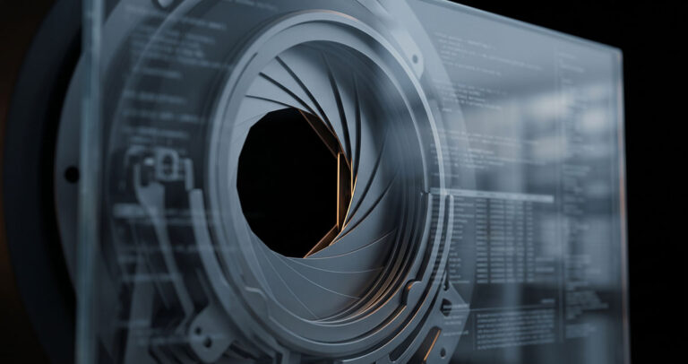 Extreme close-up of a physical camera shutter mechanism seen through glass, with a blurred digital interface-like layer behind it.