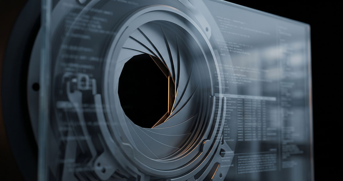 Extreme close-up of a physical camera shutter mechanism seen through glass, with a blurred digital interface-like layer behind it.