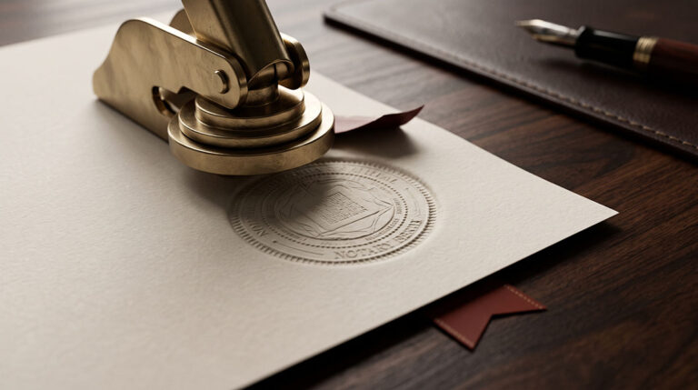 A close-up of a notary embossing seal pressed into thick paper on a clean professional desk