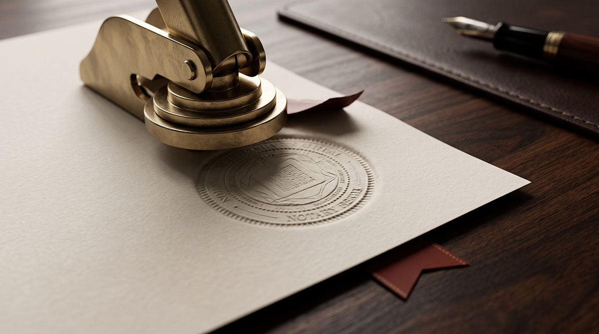 A close-up of a notary embossing seal pressed into thick paper on a clean professional desk