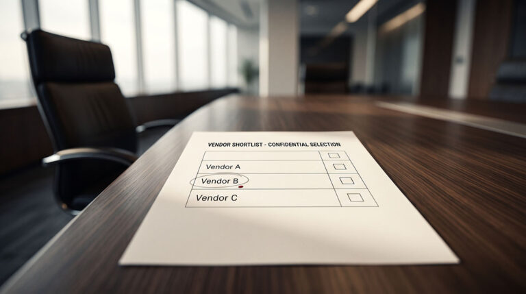 a printed vendor shortlist sitting alone on a conference table before the buyer enters the room.
